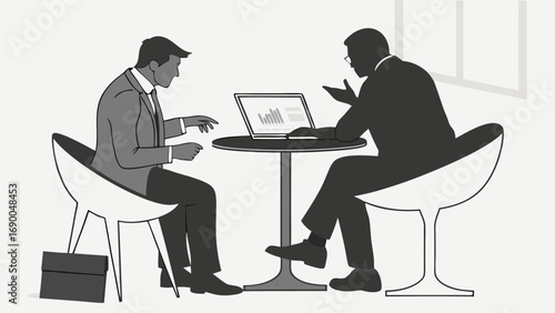 Businessmen discussing project colleagues meeting at table modern office illustration laptop with graphs presentation teamwork partnership.