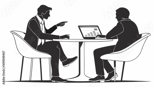 Businessmen discussing project laptop meeting teamwork presentation graph chart analysis strategy planning corporate office work colleagues cooperation partnership communication discussion negotiatio.