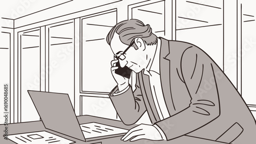 Businessperson on phone call working at laptop office illustration professional communication modern workplace grayscale vector art.