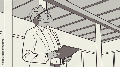 Businessperson reviewing plans architectural illustration construction site inspection digital tablet professional building design modern architecture.