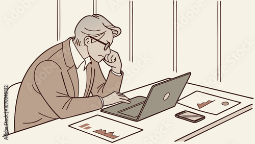 Businessperson working on laptop thoughtful expression office desk charts data analysis.