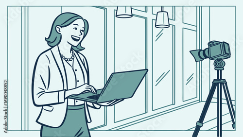 Businesswoman giving presentation online video conference webcam recording laptop modern office.