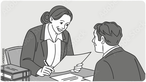 Businesswoman reviewing documents with client consultation meeting contract agreement paperwork office illustration professional collaboration discussion negotiation deal partnership work job employm.