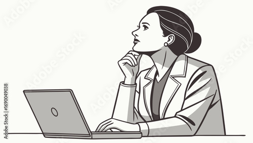 Businesswoman thinking at laptop monochrome illustration pensive professional office concept art.