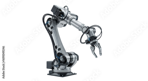 Robotic Arm: A detailed, close-up shot of a sleek, silver robotic arm against a bright background, showcasing its precision, automation capabilities, and industrial design.