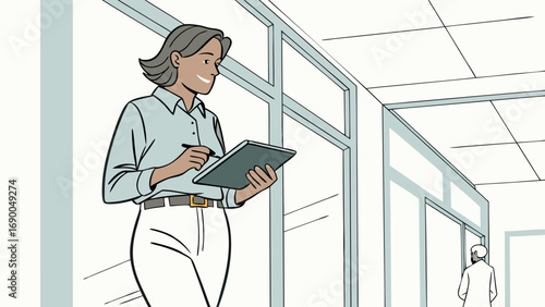 Businesswoman using tablet in modern hallway professional office digital technology work planning meeting corridor interior design illustration vector graphic drawing woman female person employee sta.