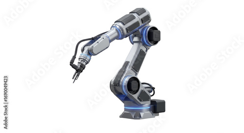 Robotic Arm in Action: A sleek, photorealistic robotic arm stands as a symbol of advanced technology, automation, and industrial progress. Its intricate design, with sharp angles and metallic sheen.