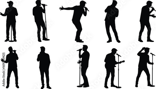 Male singer silhouettes, performing with microphone, music artist illustration, live concert stage, entertainment show, musician performance, rock band, song artist