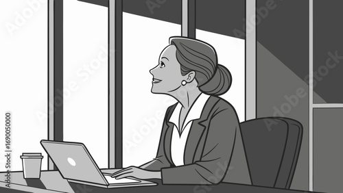 Businesswoman working at laptop looking out window daydreaming.