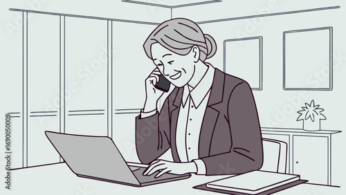 Businesswoman working on laptop and phone call modern office illustration.
