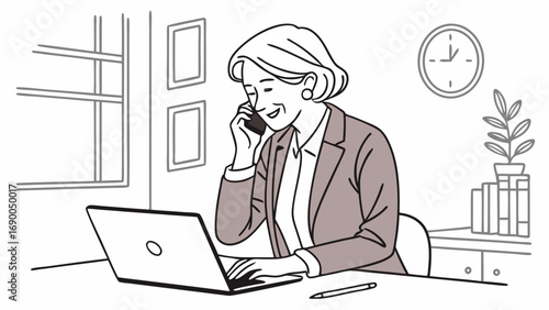 Businesswoman working on laptop and phone call office illustration professional woman elegant style modern workplace communication technology digital online remote work business corporate career prof.
