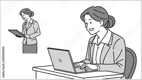 Businesswoman working on laptop and tablet professional illustration simple design office worker digital art.