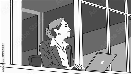 Businesswoman working on laptop by window looking out grayscale illustration.