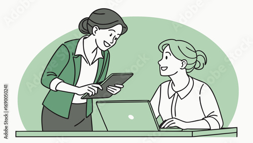 Businesswomen collaborating on project using laptop and tablet modern illustration teamwork office partnership discussion communication digital devices technology cooperation colleagues work professi.