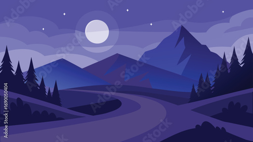 Flat Landscape Illustration of Mountain with Trees, Winding Roads, Full Moon, and Stars