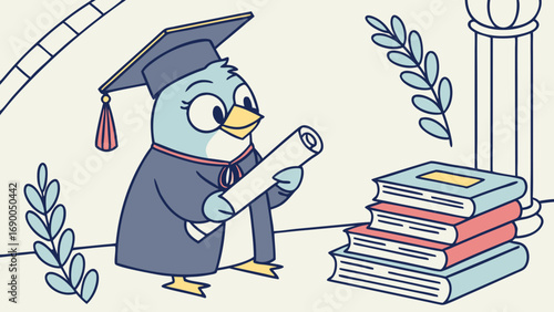 Cartoon bird graduating holding diploma books education achievement success knowledge learning graduation ceremony academic scholar student university college high school diploma certificate degree w.