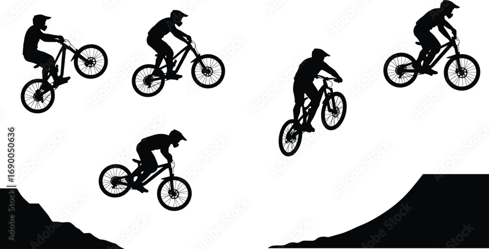 Fototapeta premium Mountain bike silhouette, BMX rider jumping, cyclist extreme sport vector, downhill biking illustration, outdoor adventure clipart, cycling lifestyle, black sport man
