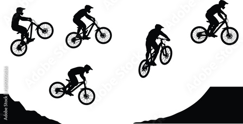 Mountain bike silhouette, BMX rider jumping, cyclist extreme sport vector, downhill biking illustration, outdoor adventure clipart, cycling lifestyle, black sport man
