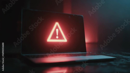 Laptop displaying red warning sign in dark environment  