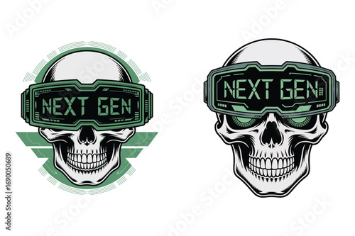 Skull wearing virtual reality headset with text next generation