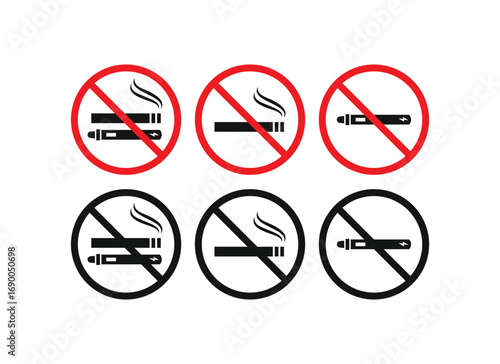No smoking and no vaping signs vector set. This collection includes various icons for both cigarettes and e-cigarettes, depicted in red and black prohibition symbols