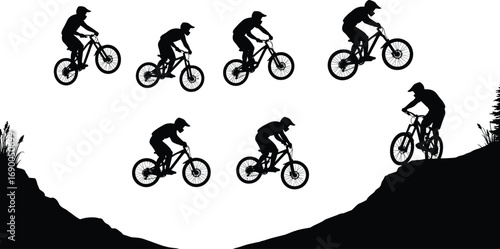 Mountain bike silhouette, cyclist jumping downhill, extreme sport vector, outdoor adventure illustration, BMX rider clipart, cycling lifestyle, black man biking