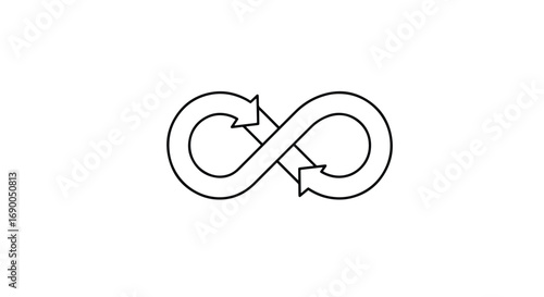 A black outline of an infinity symbol with arrows representing a continuous, endless cycle or loop.