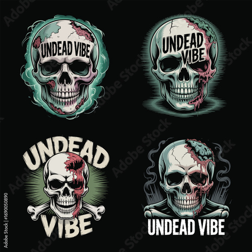 Four skulls with decaying flesh and text undead bone