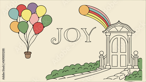 Cartoon illustration of joy balloons rainbow and gate whimsical design for kids greeting card invitation poster print childish happy colorful cheerful celebration uplifting positive fun bright festiv.