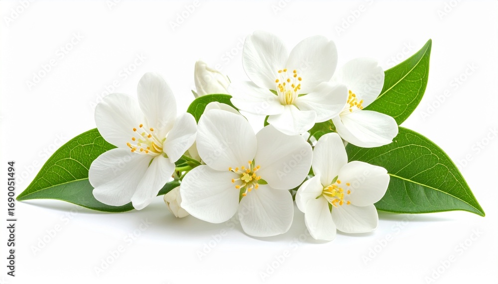 Obraz premium Delicate White Jasmine Flowers with Green Leaves on White Background.