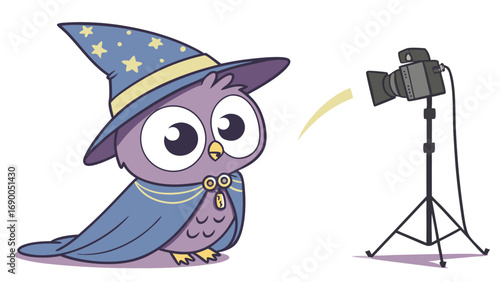 Cartoon Owl in Wizard Hat Being Photographed Illustration Cute Animal Photography Studio.