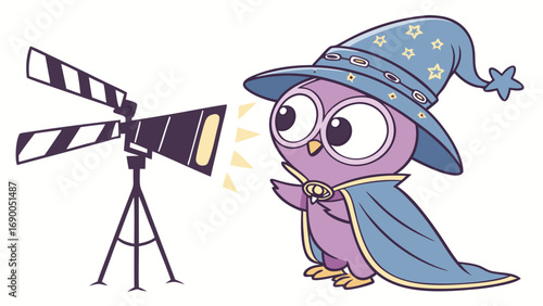 Cartoon Owl in Wizard Hat Watching Movie Production Filmmaking Illustration Cute Bird Character Design.