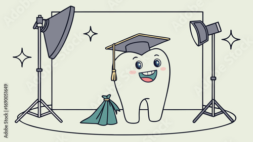 Cartoon tooth in graduation cap studio photoshoot dental illustration mascot character design.