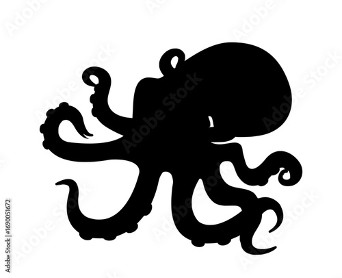 Black silhouette of an octopus with tentacles spread on white background