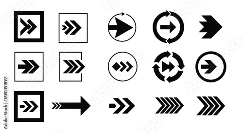 A collection of various black right-pointing arrow icons on a white background, showcasing different styles like chevrons, circular, and boxed symbols.