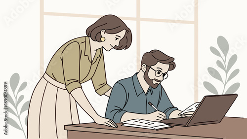 Collaboration teamwork office work business partners colleagues desk laptop documents paperwork planning meeting discussion cooperation assistance support guidance mentor coaching productivity effici.