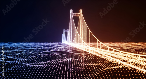 Luminous bridge structure, interconnected nodes forming a futuristic coastal landscape design