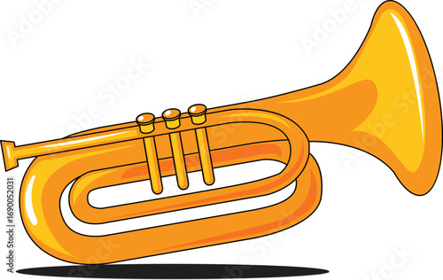 Golden trumpet illustration in cartoon style with shiny brass details.