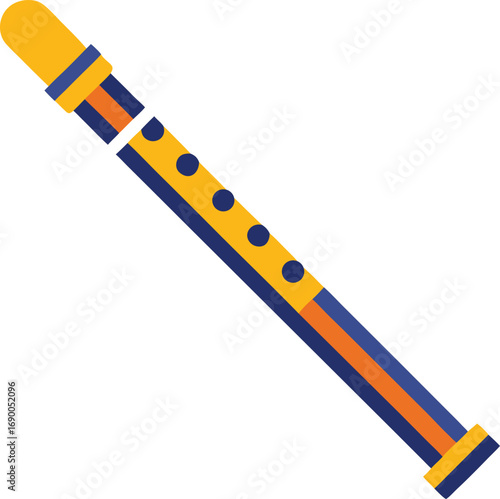 Simple flat icon of a traditional wooden flute musical instrument with finger holes transparent background