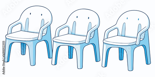 Kids plastic white blue chairs simple and unique cartoon style modern empty comfortable stools for baby isolated on white background vector illustration.