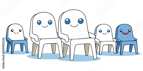 Kids plastic white blue chairs simple and unique cartoon style modern empty comfortable stools for baby isolated on white background vector illustration.