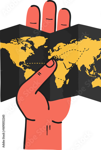 Hand holding world map global travel exploration journey concept