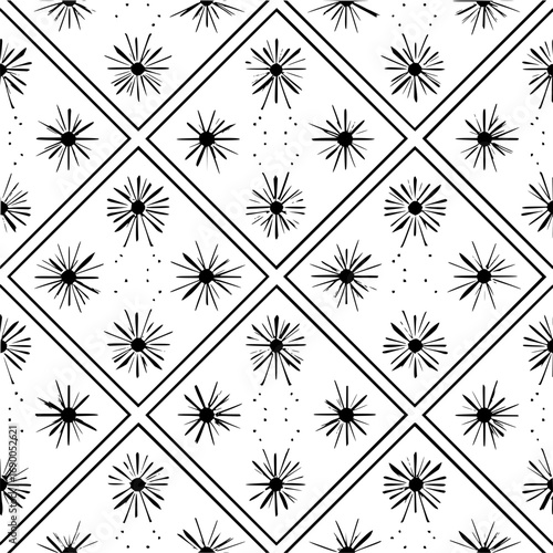 Black and white seamless pattern of stylized sunbursts in diamond shapes with small dot accents scattered around