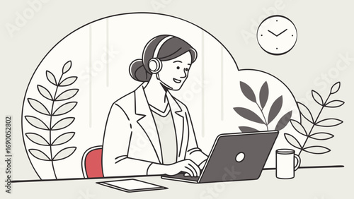 Customer service agent working on laptop headset modern office illustration.