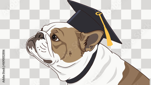 Cute Bulldog Dog Wearing Graduation Cap Cartoon Illustration for Education Pet and Celebration Designs.
