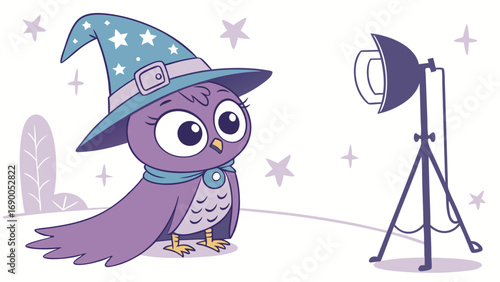 Cute cartoon owl in a witchs hat posing for a photoshoot with a studio light.