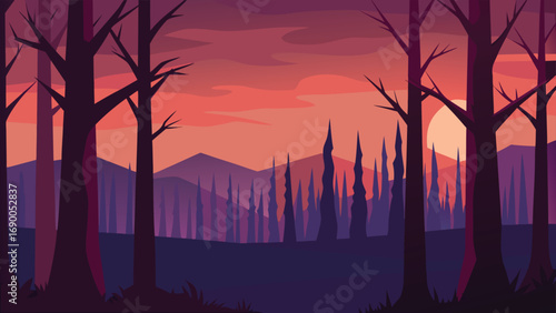 Forest Silhouette with Bare Trees, Mountains, and a Warm Orange Sunset Illustration