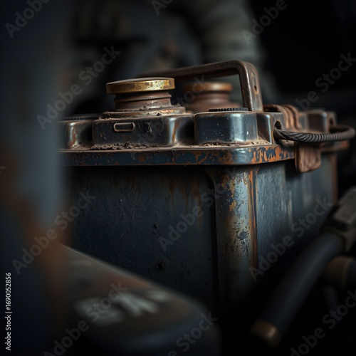 Rusty car battery close-up, showing corrosion and wear.