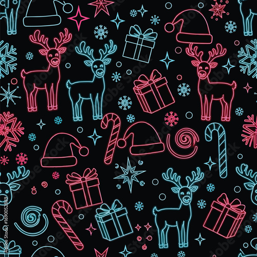 Neon Christmas pattern with reindeer, gifts, snowflakes and candy canes, patern seamless, royalty stock.