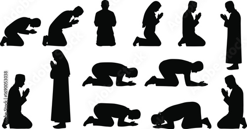 Prayer silhouettes, people praying, spiritual meditation, religious devotion, worship illustration, kneeling believers, faith practice, holy ritual, peaceful religion, meditation